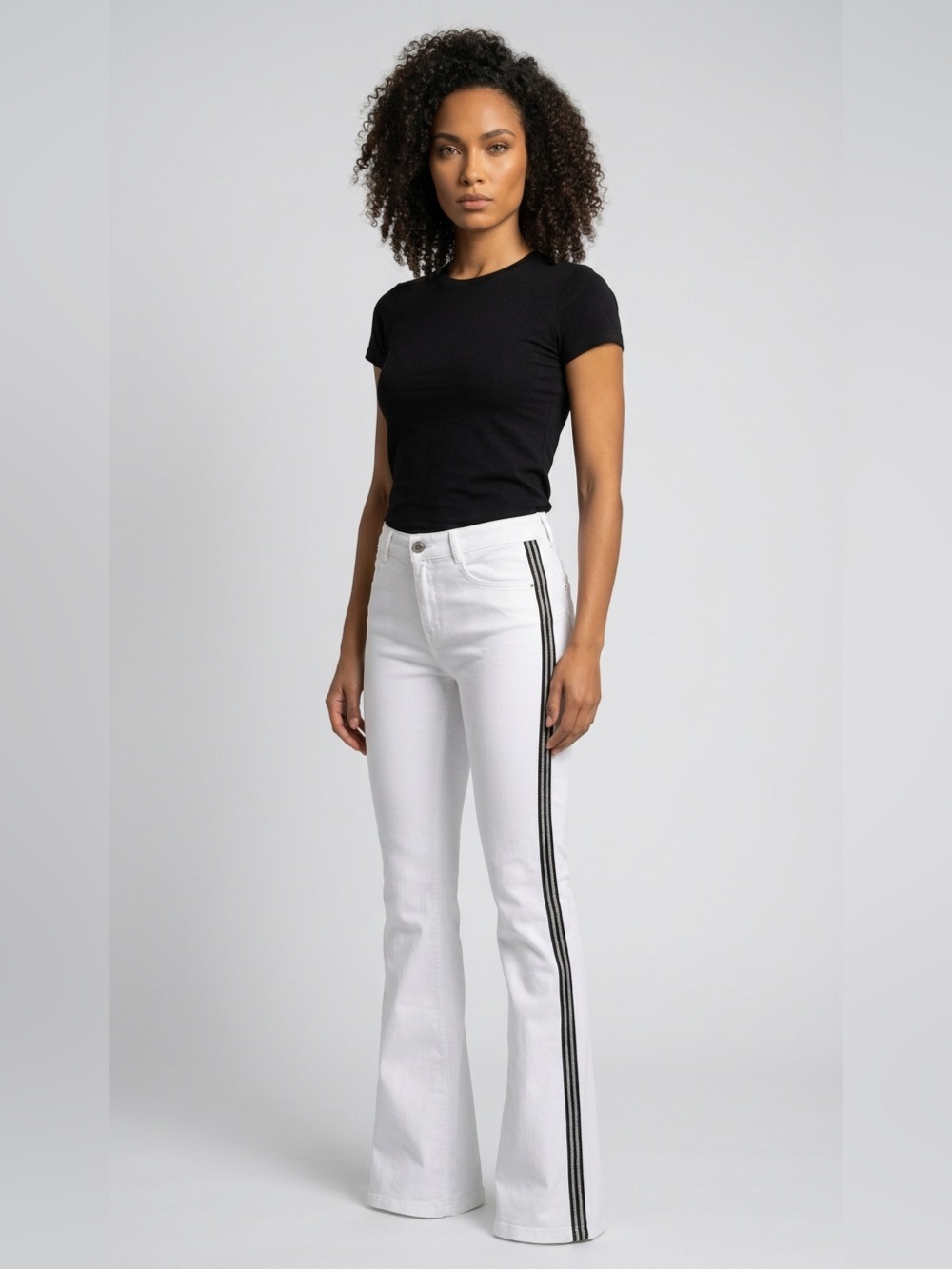 Liu Jo White Flare Jeans with Black Side Metallic Stripes NWT